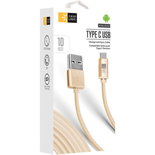 Case Logic Braided USB Type-C Charge and Sync Cable (10', Gold)