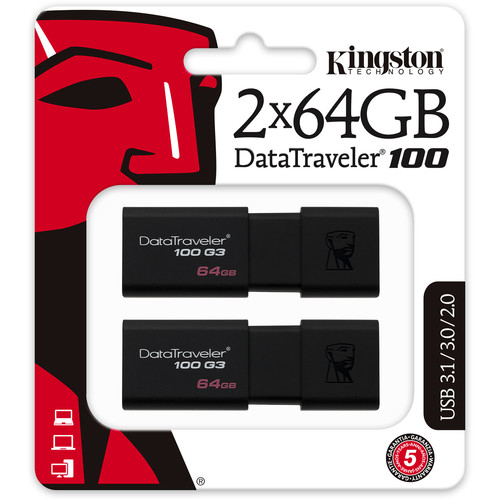 Kingston 64GB Data Traveler 100 G3 USB 3.0 Flash Drive (2-Pack)