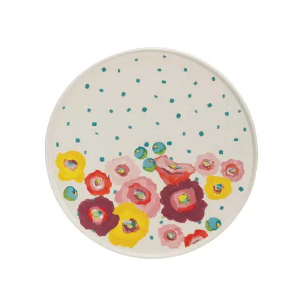 3R Studios Single-Tier White Stoneware Cake Stand with Multicolor Flowers
