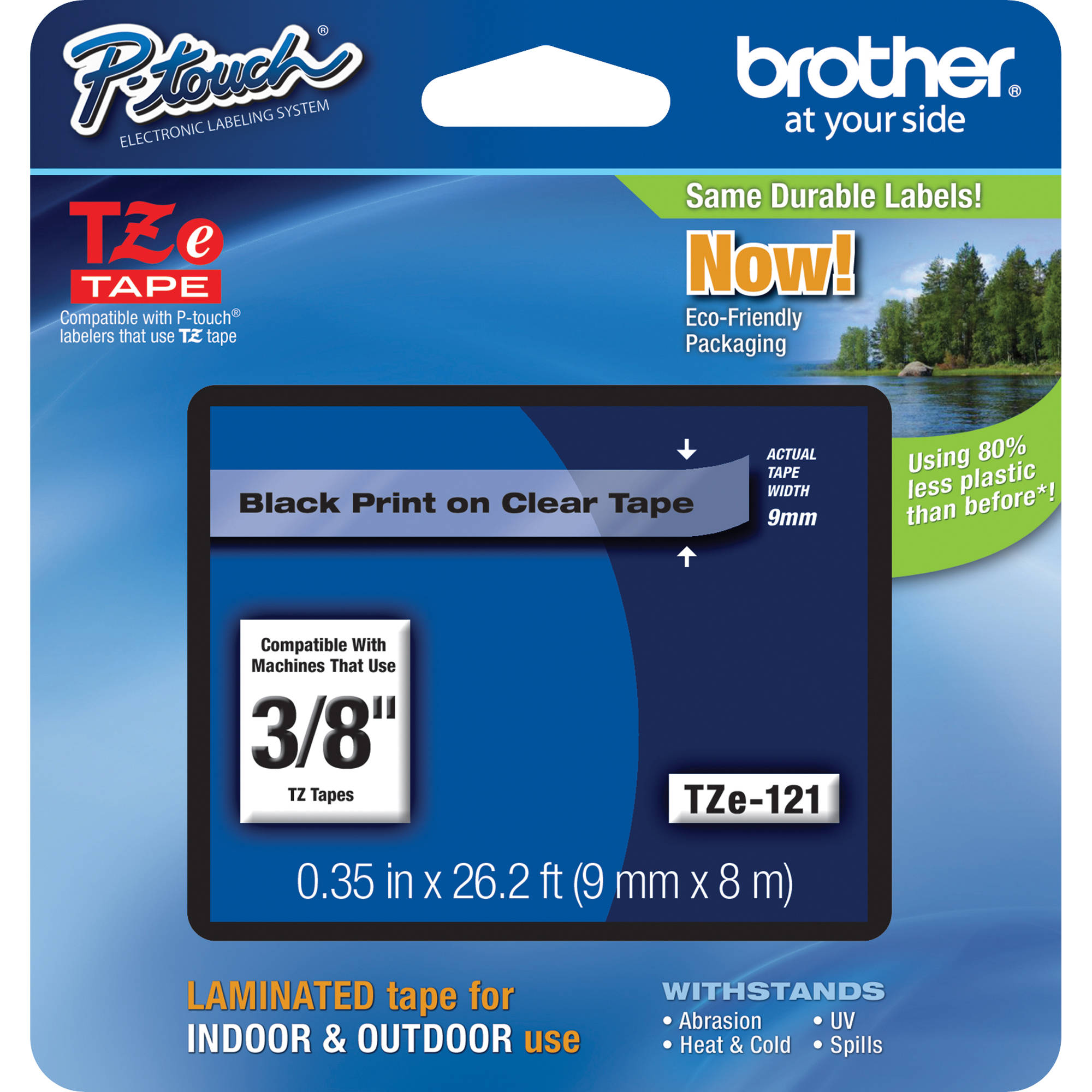 Brother TZe121 Laminated Tape for P-Touch Labelers (Black on Clear, 3/8" x 26.2')