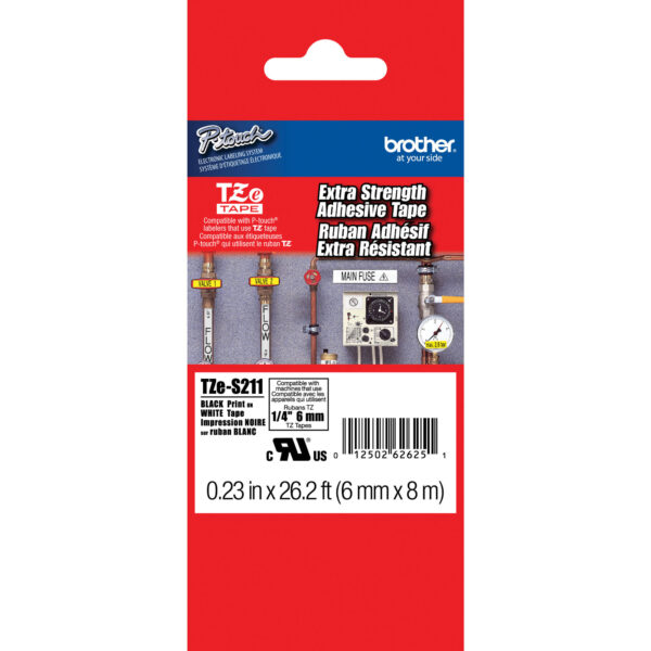 Brother TZeS211 Tape with ExtraStrength Adhesive for P-Touch Labelers (Black on White, 1/4" x 26.2')