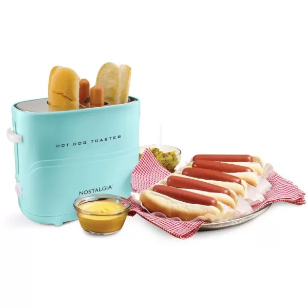 Nostalgia Retro Series 2-Slice Aqua Long Slot Hot Dog and Bun Toaster with Crumb Tray and Mini Tongs