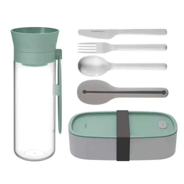 BergHOFF Grey and Green Water Bottle Flatware and Bento Box Leo Lunch Set