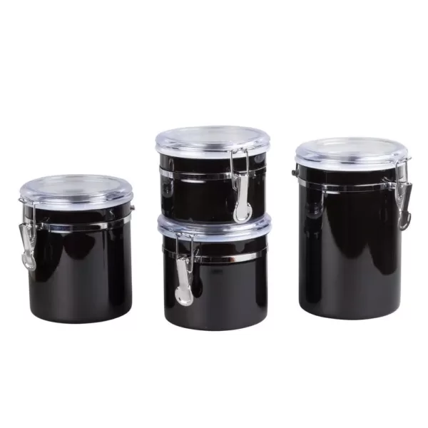 Creative Home Set of 4-Pieces Black Stainless Steel Canister Storage Container with Air Tight Lid and Locking Clamp
