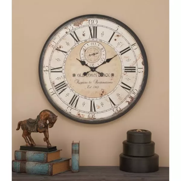 LITTON LANE 32 in. Round Rustic Black Iron and Wood Antique Roman Numeral Wall Clock