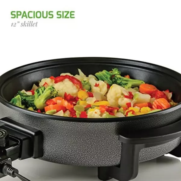 Ovente 12 In. Black Non Stick Electric Skillet Aluminum Body and Tempered Glass Lid, Removable Temperature Knob