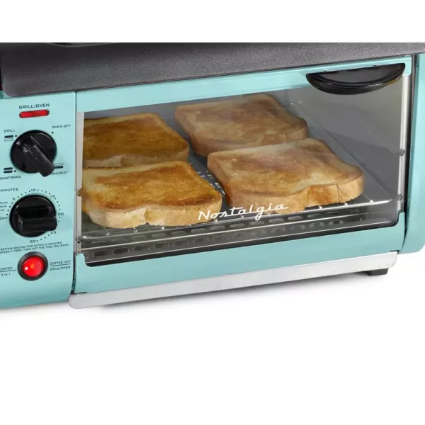 Nostalgia Retro Breakfast Center 1500 W 4-Slice Blue Toaster Oven with Built-In Timer