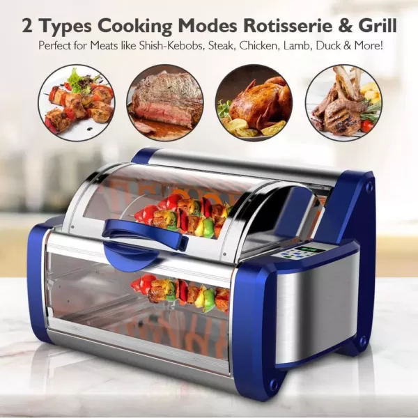 NutriChef White Digital Countertop Rotisserie & Grill Oven Rotating Kitchen Cooker in Blue