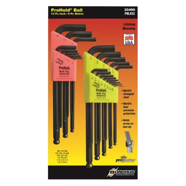Bondhus Standard and Metric ProHold Ball End L-Wrench Sets (22-Piece)