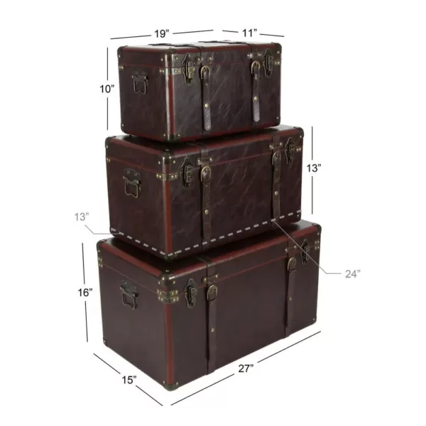LITTON LANE Globetrotter Wood and Matte Brown Leather Case (Set of 3)