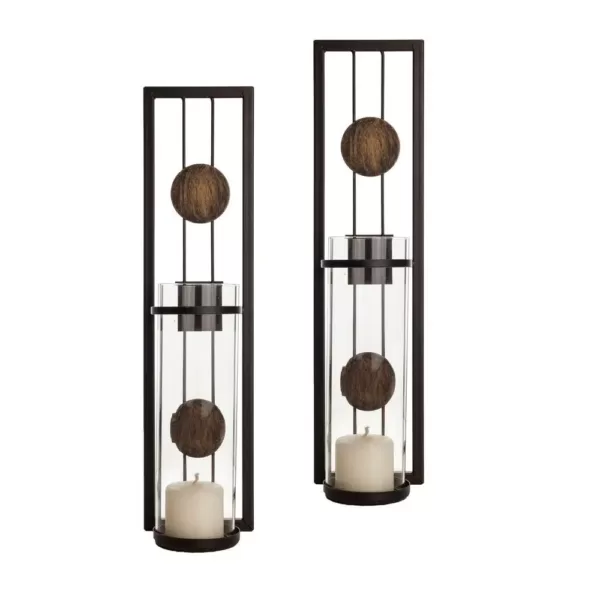 DANYA B Contemporary Metal Brown Wall Candle Sconces with Antique Patina Medallions (Set of 2)