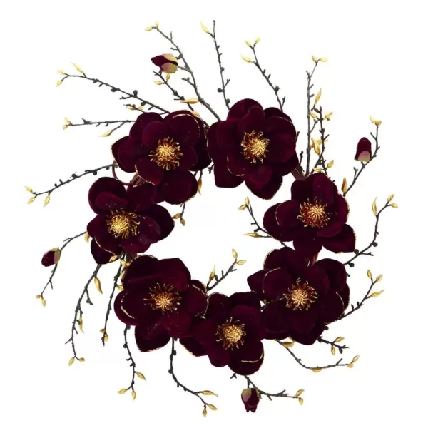 Nearly Natural 24 in. Indoor Burgundy and Gold Magnolia Artificial Wreath
