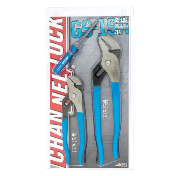 Channellock 9-1/2 in. and 6-1/2 in. Tongue and Groove Plier Set with 2-in-1 Screwdriver (3-Piece)