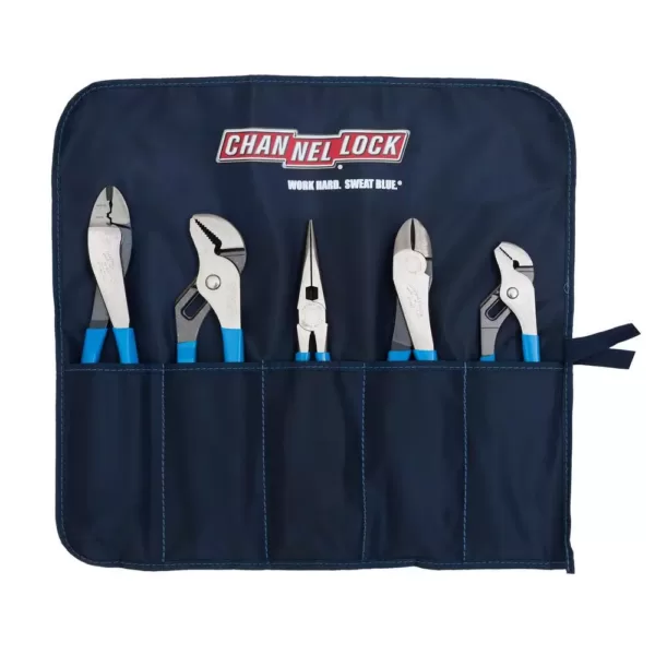 Channellock Tongue and Groove, Curved Diagonal Cutter, Long Nose and Crimper/Cutter Plier Set with Tool Roll (5-Piece)
