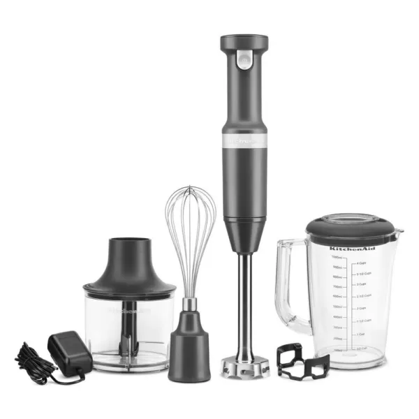 KitchenAid Cordless Variable Speed Charcoal Grey Hand Blender with Chopper and Whisk Attachment