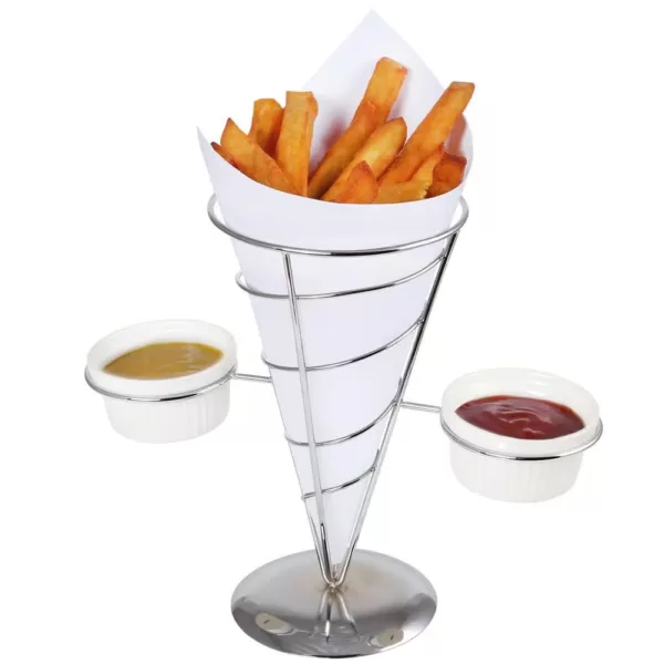 Creative Home Chrome Iron Wire French Fry Set with Single Cone Holder, 2-Ceramic Ramekins for Dipping Sauce