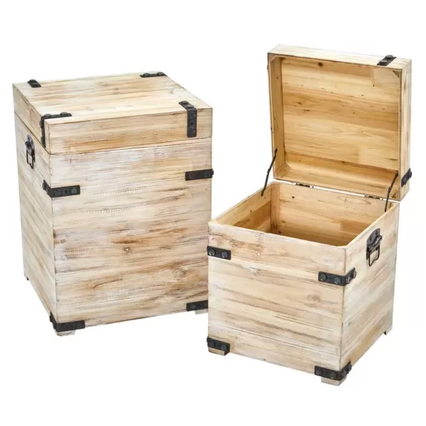 Nearly Natural Decorative White Wash Wood Storage Boxes and Trunks with Metal Detail (Set of 2)