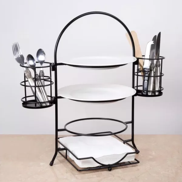 Creative Home 3-Tier Black Buffet Caddy Serving Rack With 2-Detachable Napkin Flatware Holders
