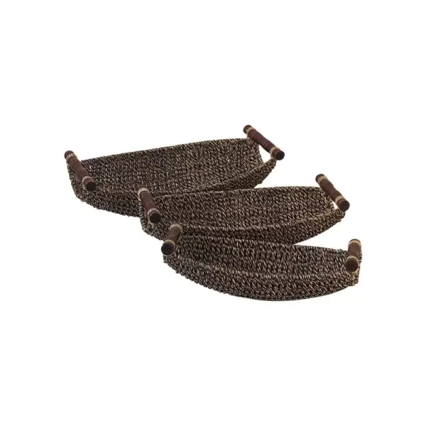 LITTON LANE Dark Brown and Light Brown Tight Braid Seagrass Boat-Shaped Trays with Cherrywood Dowell Handles (Set of 3)