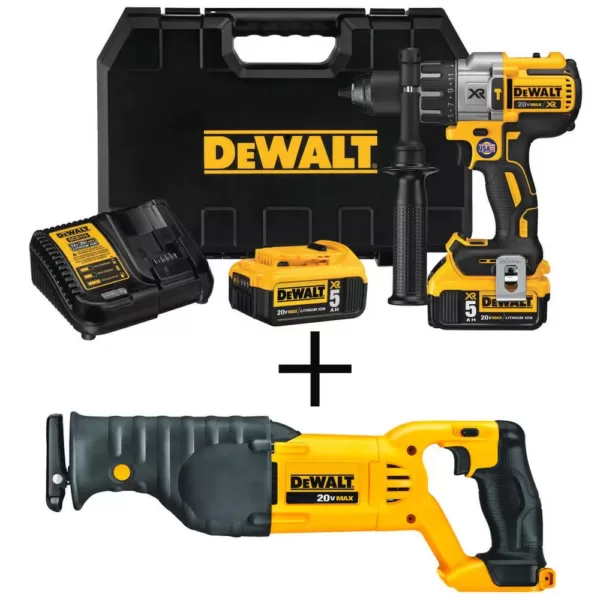 DEWALT 20-Volt MAX XR Cordless Brushless 3-Speed 1/2 in. Hammer Drill with (2) 20-Volt 5.0Ah Batteries & Reciprocating Saw