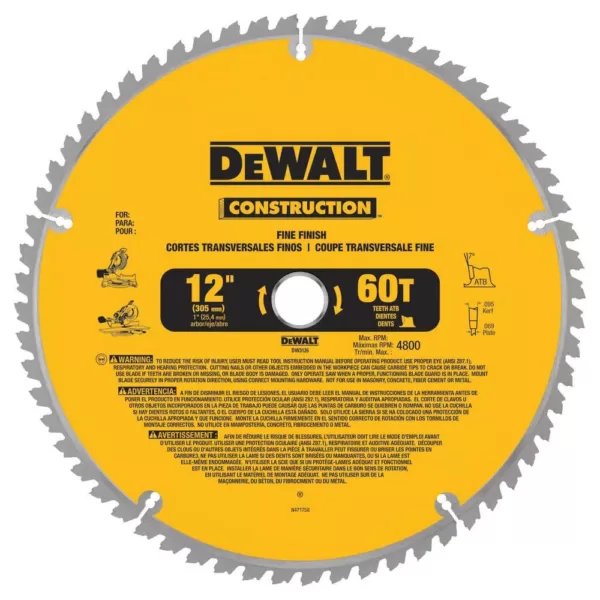 DEWALT 15 Amp Corded 12 in. Double-Bevel Sliding Compound Miter Saw with Bonus 20 Series 12 in. 60T Fine Finish Saw Blade