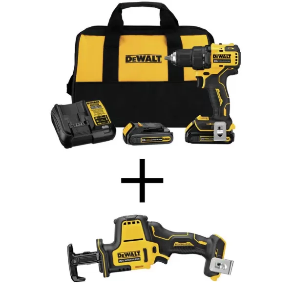 DEWALT ATOMIC 20-Volt MAX Cordless Brushless Compact 1/2 in. Drill/Driver, (2) 20-Volt 1.3Ah Batteries & Reciprocating Saw