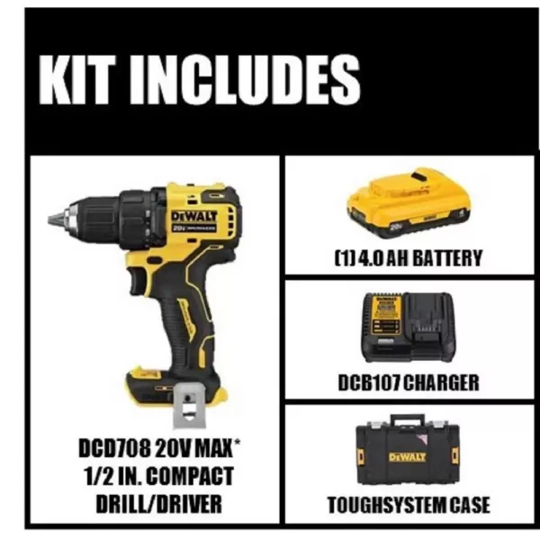 DEWALT ATOMIC 20-Volt MAX Cordless Brushless 1/2 in. Drill/Driver Kit, (1) 4.0Ah Battery, Charger & Tough System 22 in. Toolbox