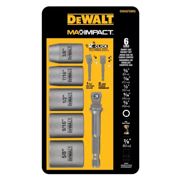DEWALT MAX Impact 3/8 in. Carbon Steel Drive Socket Set (6-Piece) with 1/4 in. Adapter