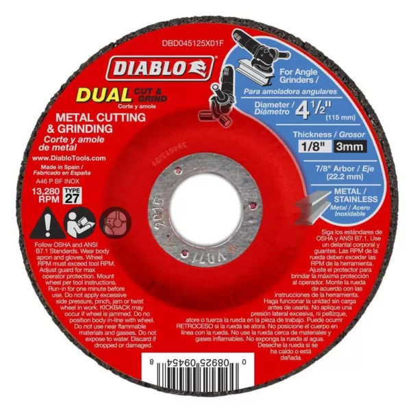 DIABLO 4-1/2 in. x 1/8 in. x 7/8 in. Dual Metal Cutting and Grinding Disc with Type 27 Depressed Center (10-Pack)