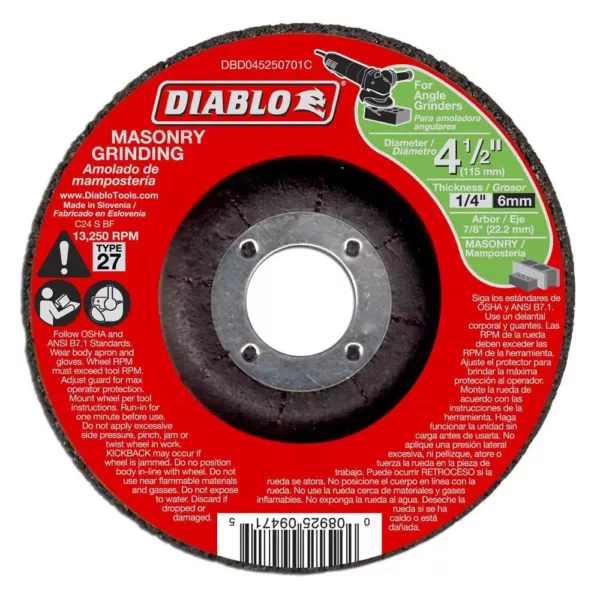 DIABLO 4-1/2 in. x 1/4 in. x 7/8 in. Masonry Grinding Disc with Type 27 Depressed Center (10-Pack)