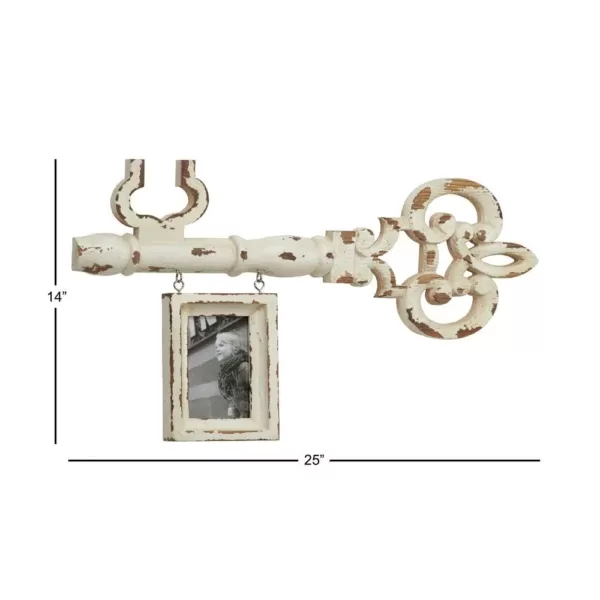 LITTON LANE 4 in. x 6 in. Decorative Antique Key and Hanging Picture Frame Wall Decor with Distressed White Finish
