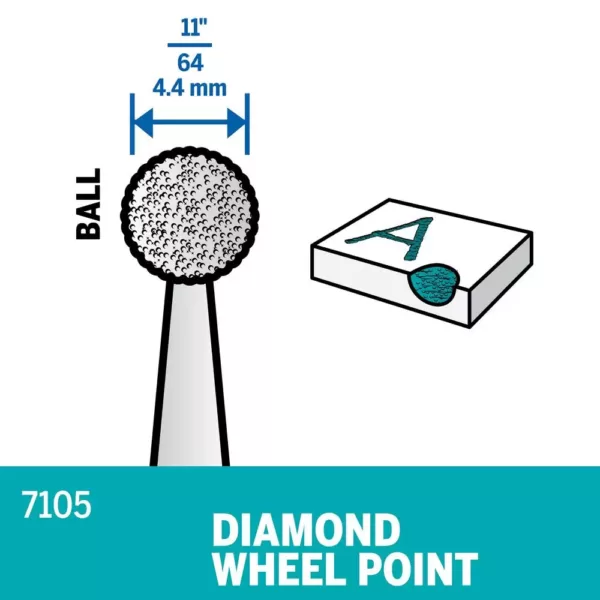 Dremel 11/64 in. Rotary Accessory Diamond Wheel Ball Point for Wood, Ceramic, Glass, Hardened Steel + Semi-Precious Stones
