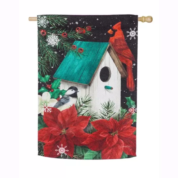 Evergreen 28 in. x 44 in. Poinsettia Birdhouse House Textured Suede Flag