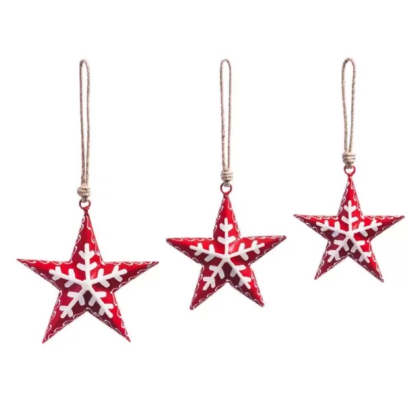 Evergreen 11 in. Red Metal Nordic Stars Christmas Ornaments (3-Pack)