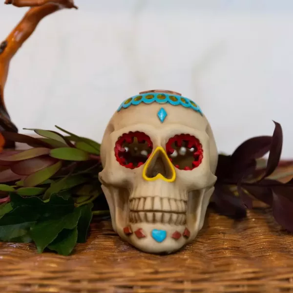 Flora Bunda 7 in. x 5 in. Polyresin Halloween Lighted Day of The Dead Skull with Color Changing LED Lights
