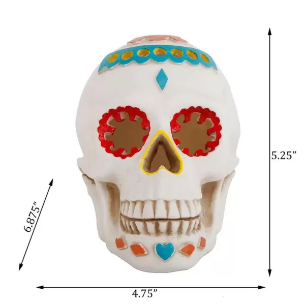 Flora Bunda 7 in. x 5 in. Polyresin Halloween Lighted Day of The Dead Skull with Color Changing LED Lights
