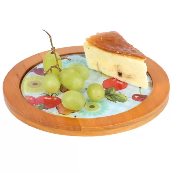 Creative Home 7.5 in. Round Tempered Glass Trivet Serving Board, Fruit Pattern with Solid Wood Trim