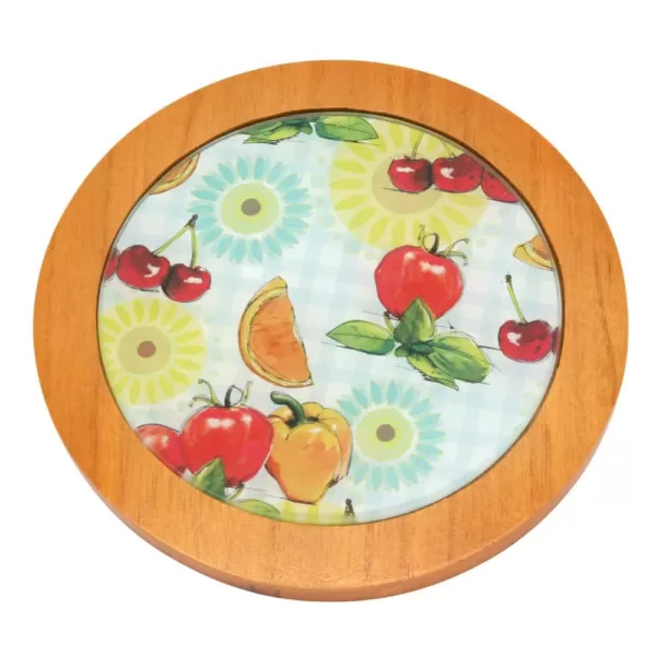 Creative Home 7.5 in. Round Tempered Glass Trivet Serving Board, Fruit Pattern with Solid Wood Trim