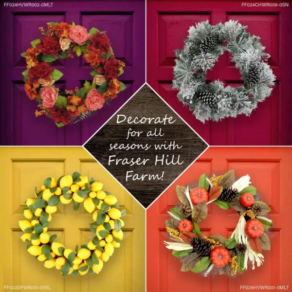 Fraser Hill Farm 24 in. Artificial Christmas Wreath with Garland, Pinecones, Bows, and Berries