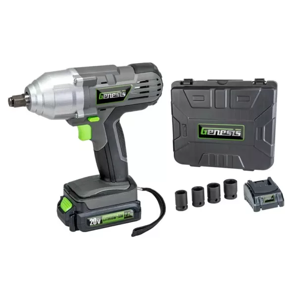 Genesis 20-Volt Lithium-Ion Impact Wrench Kit with LED Work Light and Removable Battery, Charger, 4-Piece Socket Set and Case
