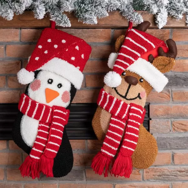 Glitzhome 19 in. H Acrylic/Polyester 3D Hooked Penguin and Reindeer Stocking (Set of 2)