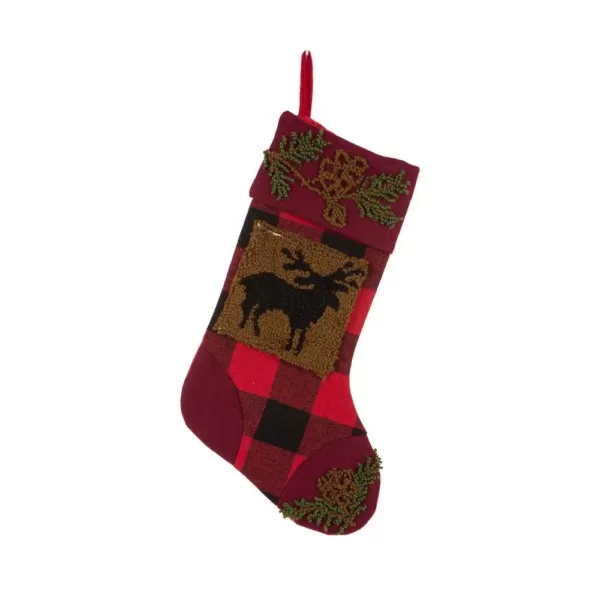 Glitzhome 19 in. Acrylic Plaid Stocking with Rug Hooked Reindeer and Bear (Set of 2)