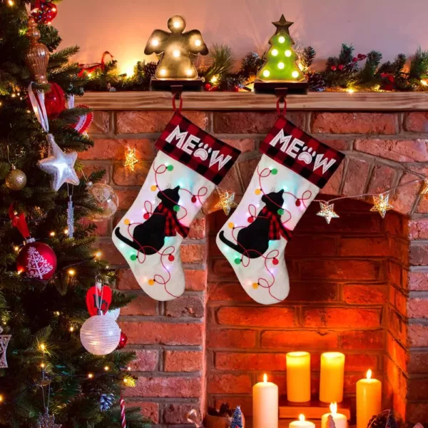 Glitzhome 21 in. Polyester LED Embroidered Linen Cat Christmas Stocking (2-Pack)