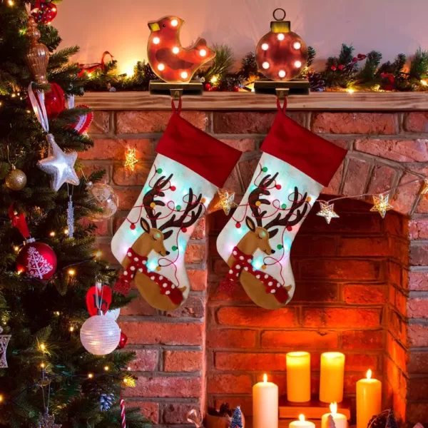 Glitzhome 21 in. H LED Embroidered Polyester Linen Christmas Decoration Stocking (2-Pack)