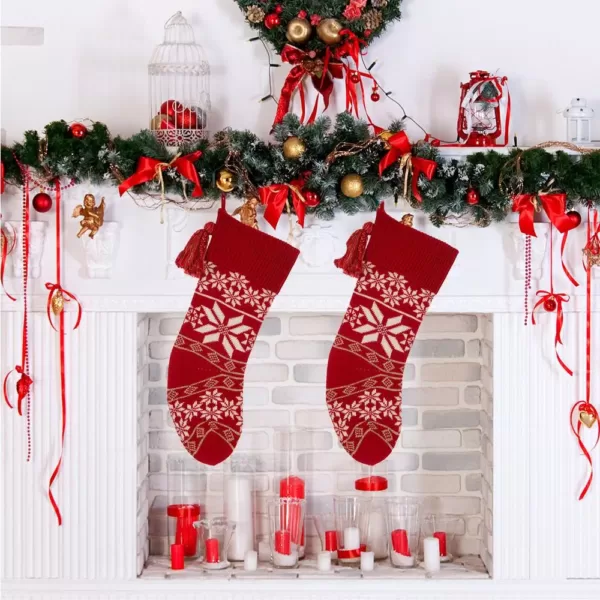 Glitzhome 24 in. Knitted Acrylic Christmas Decoration Snowflake Stocking (2-Pack)