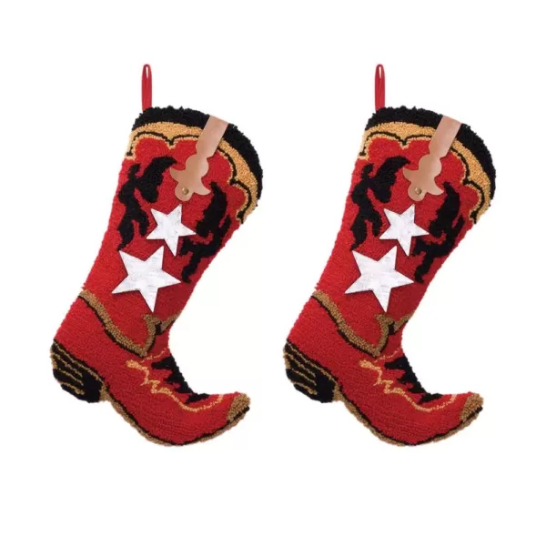 Glitzhome 19.69 in. Polyester Hooked Red Boot Stocking (2-Pack)