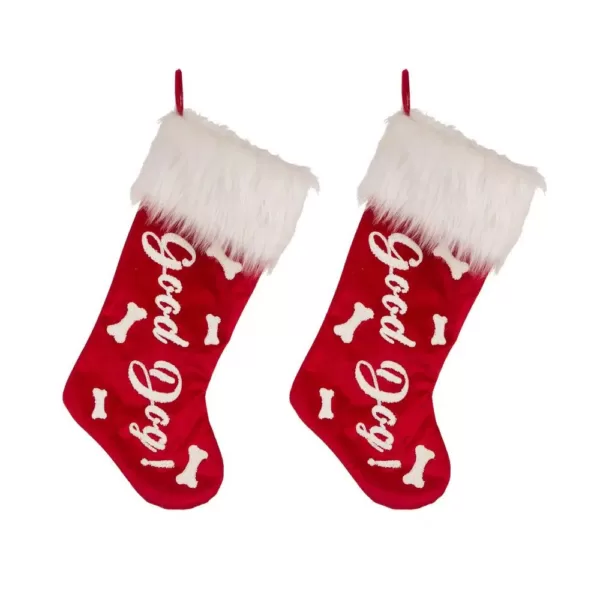 Glitzhome 21 in. H Polyester Velvet Christmas Stocking with Plush Cuff- Good Dog (2-Pack)