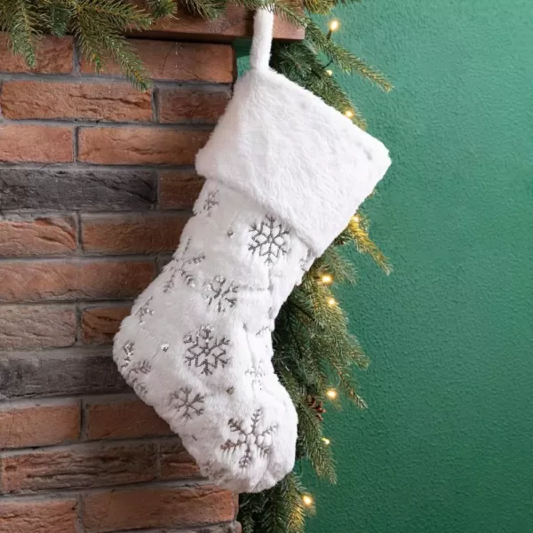 Glitzhome 21 in. H Polyester White Plush Stocking with Snowflake Christmas
