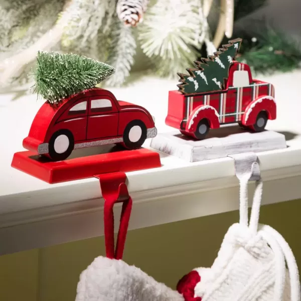 Glitzhome Wooden/Metal Red Car and Truck Stocking Holder (Set of 2 )