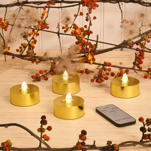 LUMABASE Gold Battery Operated Extra Large Tea Lights with Remote Control and 2-Timers (4-Count)